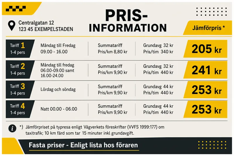 Två kunder planerar en taxiresa på lördag kväll med start kl. 22.00. Körningen är 15 km lång och beräknas ta cirka 20 minuter. Vad blir resans ungefärliga pris enligt den angivna prisinformationen?