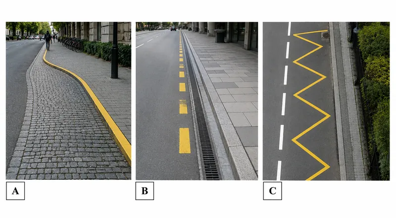 Med hänsyn till de gula vägmarkeringarna i bilderna A, B och C, i vilken situation får du stanna fordonet?