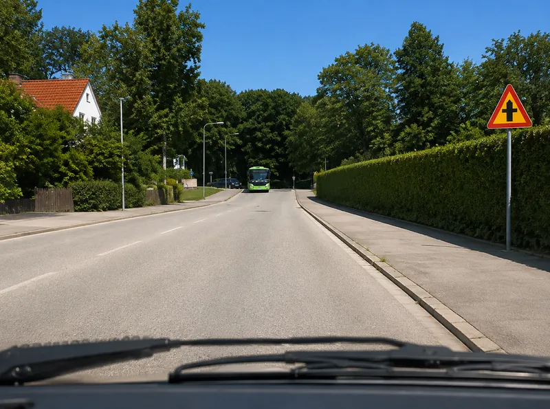 När du kommer fram till den här korsningen och ska fortsätta rakt fram, vilka väjningsregler gäller?