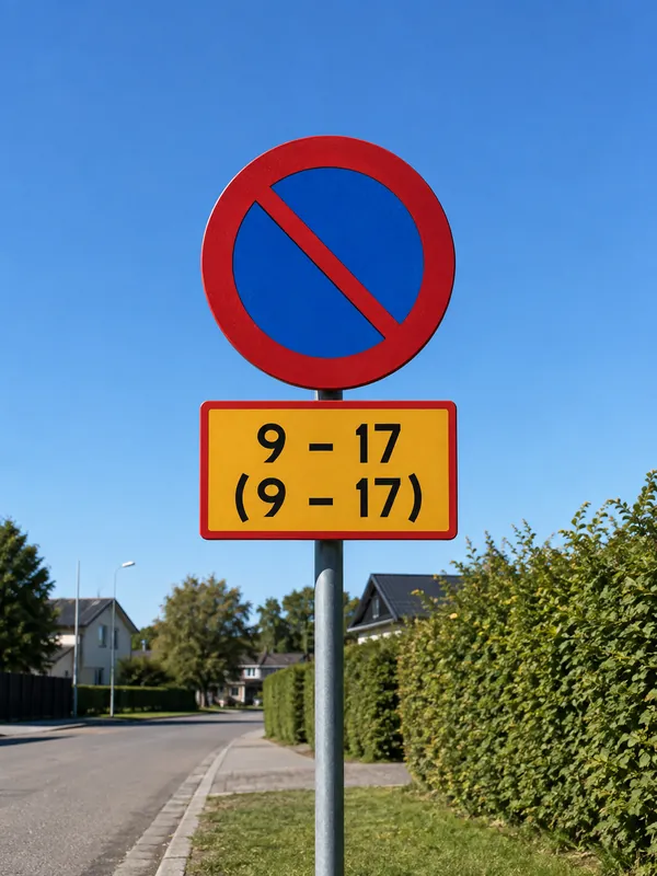 Du vill parkera bilen på platsen där det här vägmärket gäller. Vid vilken av följande tidpunkter är det förbjudet att parkera?