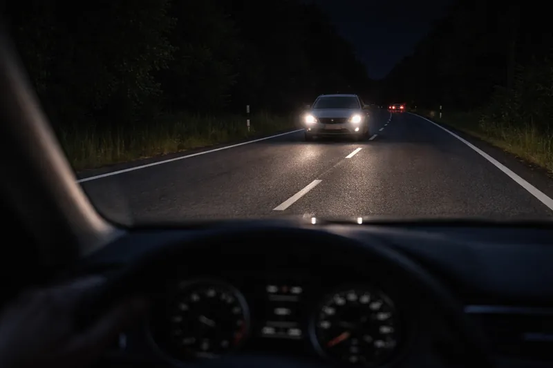 When driving at night, what should you do if a car approaches from the opposite direction while you are using high beams?