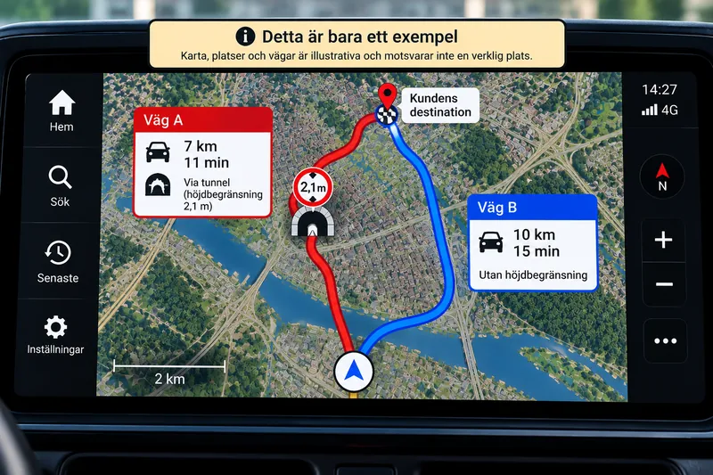 Du kör taxi mot kundens destination. GPS:en visar två möjliga rutter:
Väg A: 7 km, 11 minuter. En del av sträckan går genom en tunnel med höjdbegränsning 2,1 meter.
Väg B: 10 km, 15 minuter och har ingen höjdbegränsning.
Taxibilen du kör är 2,3 meter hög.
Vilken väg bör du välja?