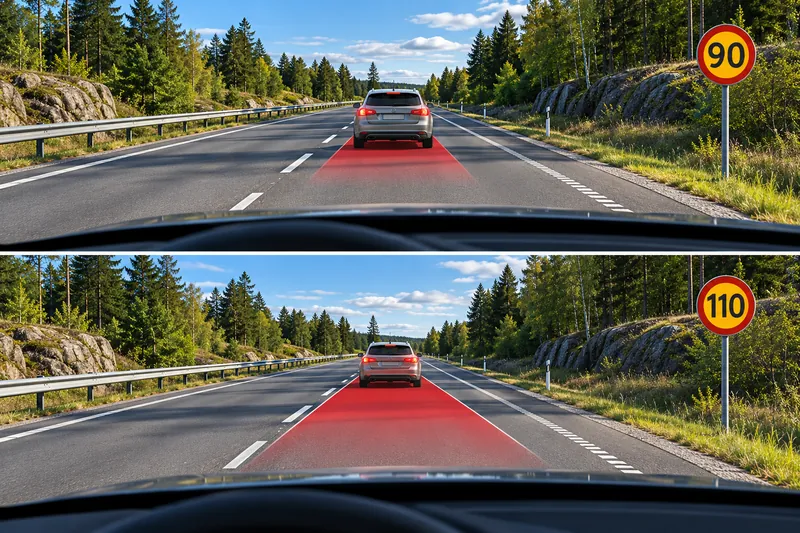 You are driving at 90 km/h and increase the speed to 110 km/h. What happens to the braking distance?