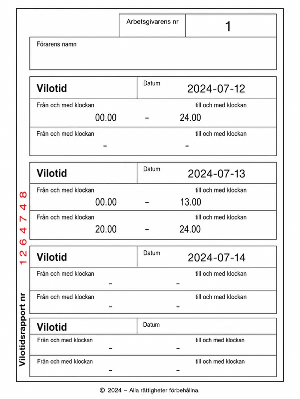 Utifrån viloperioderna som är registrerade i tidboken, vilken är den tidigaste tidpunkten du får börja köra taxi den 14 juli?