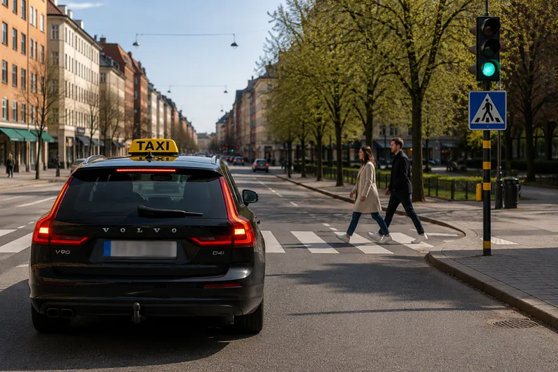 Du kör taxi och närmar dig ett bevakat övergångsställe. Trafiksignalen visar grönt för dig, men två fotgängare befinner sig fortfarande på övergångsstället. Vad ska du göra?