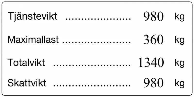 Du ska lasta din bil enligt exemplet som står framför dig på bilden, och du har inga passagerare. Vad blir bilens vikt efter att du lagt till 200 kg?