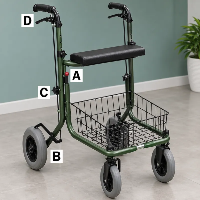 Du ska ta med en rollator i taxin och behöver fälla ihop den före lastning. Vilken av de markerade delarna ska frigöras för att rollatorn ska kunna fällas?