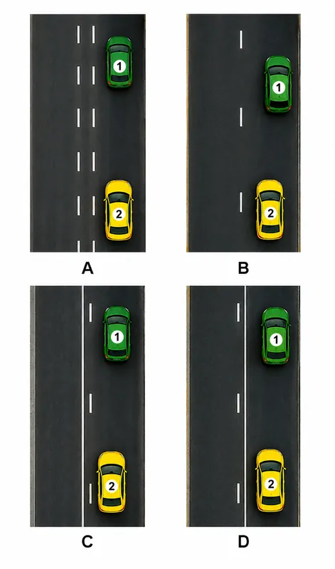 Usted está conduciendo el coche amarillo número 2 y quiere adelantar al coche verde número 1. ¿En qué caso no se le permite adelantar debido a las señales de tráfico?