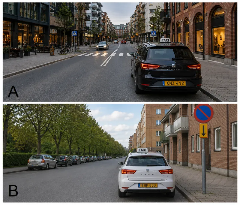 Taxiföraren har stannat för att vänta på en kund på platsen som visas. I vilken av situationerna är det tillåtet att vänta?