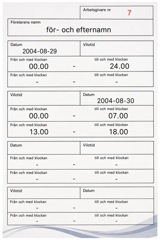 Den 30 augusti arbetar du med ett annat arbete mellan kl. 07.00 och 13.00. Därefter börjar du köra taxi kl. 18.00. Med hänsyn till de registrerade vilotiderna, när måste du senast påbörja nästa viloperiod?