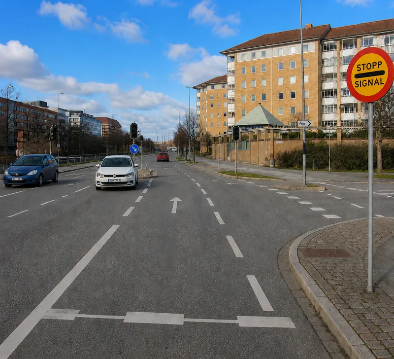 Du ska köra rakt fram genom korsningen, men trafiksignalerna är ur funktion. Vad är rätt att göra i den här situationen?