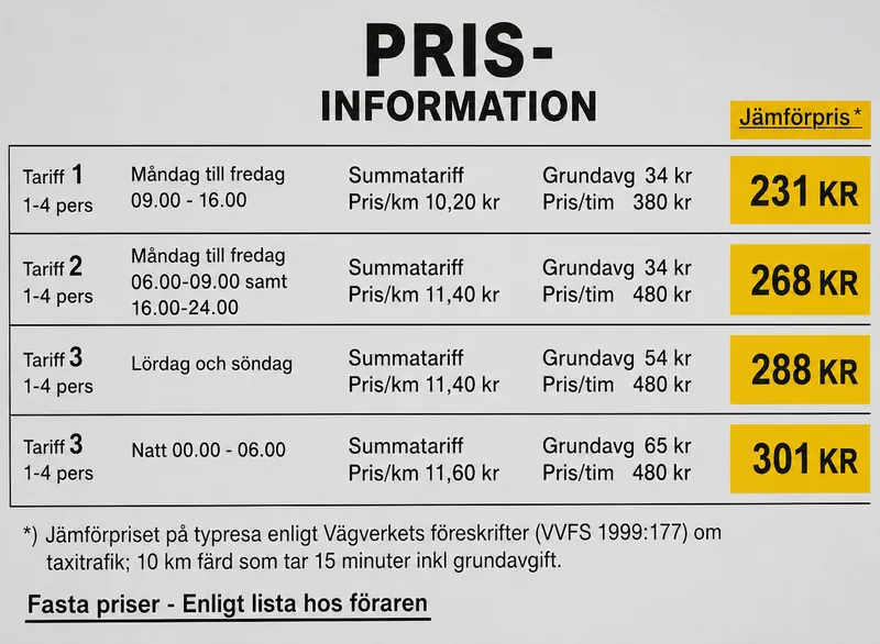 Fyra passagerare ska åka taxi från centrum till flygplatsen en söndagsmorgon kl. 05.30. Resan är 5 km lång. Ungefär hur mycket kostar resan enligt prisinformationen på bilden?